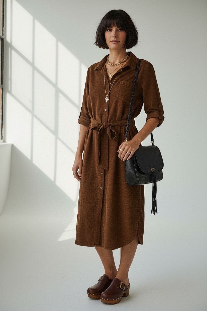 Lands' End Women's Brown Pinwale Corduroy Button Front Belted Shirt Dress Size L